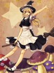  :d blonde_hair braid broom broom_riding brown_eyes hat hat_ribbon kirisame_marisa long_hair mary_janes mushroom natsume_k open_mouth outstretched_arm ribbon shoes single_braid smile solo star touhou witch_hat 