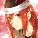  collarbone helmet kazari_tayu long_hair looking_at_viewer naruto petals pink_background red_eyes red_hair redhead solo tayuya tayuya1130 