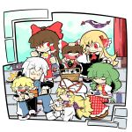  6+girls adult bird blonde_hair bow brown_hair cat child food gap glasses green_hair hair_tubes hakurei_reimu hat highres kaenbyou_rin kaenbyou_rin_(cat) kazami_yuuka kazami_yuuka_(pc-98) kirisame_marisa kuchibashi_(9180) long_hair morichika_rinnosuke multiple_girls onigiri purple_eyes red_eyes reiuji_utsuho reiuji_utsuho_(bird) rumia sendai_hakurei_no_miko short_hair tears thermos touhou touhou_(pc-98) violet_eyes witch_hat wriggle_nightbug yakumo_yukari yellow_eyes youkai young 