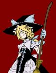 blonde_hair bow braid broom curiosities_of_lotus_asia frills gloves hair_bow hat hat_bow kirisame_marisa mochizuki_ado short_sleeves side_braid simple_background single_braid smile solo touhou witch witch_hat yellow_eyes 