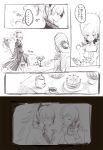  bonnet cake candeloro closed_eyes comic cup die_(artist) drill_hair fang fiery_hair fire flashback food fork mahou_shoujo_madoka_magica monochrome multiple_girls ophelia_(madoka_magica) personification polearm ponytail sakura_kyouko saucer smile spear table teacup teapot tomoe_mami translated translation_request twin_drills weapon 
