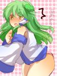  1girl blush bottomless green_hair kochiya_sanae long_hair panties solo touhou translation_request underwear zawameki 