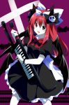  bat_wings black_dress black_eyes bow character_request copyright_request dress emyu fujishiro_emyu hair_bow hair_ribbon instrument keyboard_(instrument) long_hair multiple_wings open_mouth pale_skin red_eyes red_hair redhead ribbon smile solo wings 