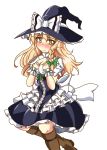  apron blonde_hair blush bow braid breasts curiosities_of_lotus_asia frills green_eyes hair_bow hat hat_bow kanosawa kirisame_marisa simple_background single_braid solo touhou witch witch_hat wrist_cuffs 