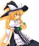  blonde_hair blush bow braid curiosities_of_lotus_asia frills hair_bow harukatron hat hat_bow kirisame_marisa long_hair short_sleeves side_braid simple_background single_braid solo touhou witch witch_hat yellow_eyes 