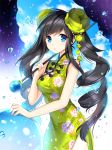  :o black_hair blue_eyes china_dress chinese_clothes cloud clouds drill_hair floral_print hair_ornament long_hair looking_at_viewer nardack original payot side_slit solo twintails water_droplets 
