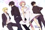  bare_legs bare_shoulders black_hair blonde_hair dress fingerless_gloves formal gloves hands_in_pockets haruno_sakura jewelry naruto naruto_shippuuden necklace pink_hair sai short_hair suit uchiha_sasuke uzumaki_naruto white_dress wind 