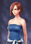  bare_shoulders blue_eyes breasts brown_hair collarbone delta_zone jill_valentine lips resident_evil resident_evil_3 short_hair skirt solo tied_shirt 