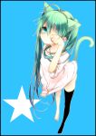  animal_ears cat_ears cat_tail green_eyes green_hair hatsune_miku highres long_hair naoto_(tulip) simple_background single_thighhigh sleeves_pushed_up solo star tail thigh-highs thighhighs twintails very_long_hair vocaloid 