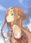  1girl armor asuna_(sao) braid brown_eyes brown_hair bust detached_sleeves long_hair mura_(kanojo_no_oukoku) smile sword_art_online yuuki_asuna 