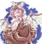  amagase_lyle animal_ears bow brown_dress dress grey_eyes hat highres mystia_lorelei open_mouth pink_hair short_hair sketch smile solo touhou wings wink 