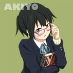  adjusting_glasses blush book character_name glasses hashiribe k-on! k-on!_movie miyamoto_akiyo ponytail school_uniform short_hair simple_background solo union_jack 