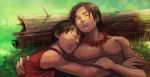  black_hair brother brothers drooling freckles grass hug jewelry log magatsumagic male monkey_d_luffy multiple_boys muscle necklace no_hat no_headwear one_piece outdoors pearl portgas_d_ace siblings sleeping tattoo topless vest 