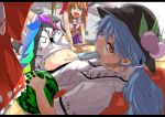  3girls blue_hair blue_panties brown_eyes brown_hair food fruit hakurei_reimu hands_on_hips hat hinanawi_tenshi horns hot ibuki_suika looking_at_viewer midriff mouth_hold multiple_girls navel neropaso panties peach popsicle red_eyes shade sitting skirt skirt_pull sweat touhou underwear watermelon 