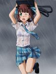  amami_haruka arms_up bag blush bra brown_hair green_eyes idolmaster lielos necktie rain rough_time_school running school_uniform see-through short_hair solo underwear wet wet_clothes 