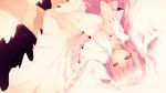  blush bow breasts cleavage_cutout dress gloves goddess_madoka hair_bow highres kaname_madoka long_hair magical_girl mahou_shoujo_madoka_magica mogu navel pink_hair red_eyes solo spoilers twintails two_side_up ultimate_madoka upside-down very_long_hair white_gloves 