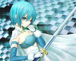  blood bloody_tears blue_eyes blue_hair cape elbow_gloves gloves magical_girl mahou_shoujo_madoka_magica miki_sayaka rateratte short_hair solo sword weapon 