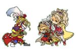  1girl 2boys blonde_hair cefca_palazzo chibi clenched_teeth dissidia_final_fantasy final_fantasy final_fantasy_iii final_fantasy_vi green_eyes grin lowres multiple_boys nekoichi onion_knight purple_eyes single_glove single_gloves smile tina_branford violet_eyes 