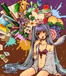  apple balloon bikini bracelet cherry colored_pencil finger_to_mouth flower food front-tie_top fruit giraffe grapes hatsune_miku head_tilt highres jewelry kittyo long_hair navel off_shoulder open_mouth orange paint paintbrush pencil sitting sleeves_pushed_up solo swimsuit twintails very_long_hair vocaloid wings 