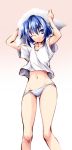  arms_up blue_eyes blue_hair gradient gradient_background matsuno_canel navel open_mouth original panties shirt short_hair simple_background solo striped striped_panties towel towel_on_head underwear white_shirt wink 