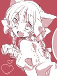  animal_ears cat_ears cat_tail kaenbyou_rin looking_at_viewer monochrome open_mouth paw_pose red_background simple_background sketch smile solo tail touhou zawameki 