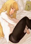  bed bed_sheet between_thighs blonde_hair book bookmark glasses glasses_removed kuro_ari_(pixiv) lips long_hair looking_at_viewer lying no_pants on_side panties panties_under_pantyhose pantyhose perrine_h_clostermann shirt solo strike_witches underwear white_shirt yellow_eyes 