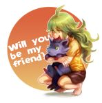  1boy animal_hug barefoot child english green_eyes green_hair highres long_hair magatsumagic n_(pokemon) pokemon pokemon_(creature) pokemon_(game) pokemon_bw shorts young zorua 