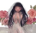  bare_shoulders black_hair blush dress flower hands_clasped happy long_hair mocco open_mouth original rose solo veil wedding_dress 