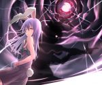  aiming alternate_costume animal_ears bad_anatomy bare_shoulders breasts bunny_ears bunny_tail buttons cleavage cloud clouds crack dress frown full_moon glowing glowing_eyes hand_on_waist long_hair looking_at_viewer moon pocket purple_dress purple_hair rabbit_ears red_eyes red_moon reisen_udongein_inaba saraki shadow sleeveless solo tail touhou undershirt 
