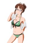  bikini breasts brown_hair cleavage dress_shirt front-tie_top glasses highres idolmaster idolmaster_2 light_smile navel open_clothes open_shirt shirt swimsuit twkr 