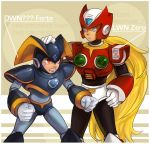  android blonde_hair blue_eyes crossover forte_(rockman) long_hair magatsumagic male multiple_boys ponytail red_eyes robot rockman rockman_x very_long_hair zero_(rockman) 