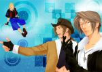  &gt;_&lt; :d belt blonde_hair blue_eyes brown_hair closed_eyes collarbone cowboy_hat d-maker earrings eyes_closed final_fantasy final_fantasy_viii fingerless_gloves fur_trim gloves hat irvine_kinneas jeans jewelry male multiple_boys necklace open_mouth pointing shoes sitting smile socks squall_leonhart teeth xd zell_dincht 