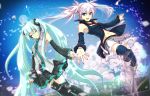  2girls blue_eyes detached_sleeves green_hair hagane_miku hagane_vocaloid hair_ornament hatsune_miku long_hair momopanda multiple_girls necktie open_mouth pink_hair skirt smile thigh-highs thighhighs twintails very_long_hair vocaloid 