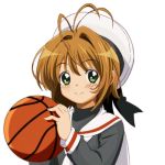  antenna_hair basketball brown_hair card_captor_sakura cardcaptor_sakura child green_eyes hair_intakes hat hiro_23_kura kinomoto_sakura lowres school_uniform serafuku short_hair 