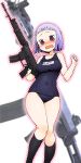  assault_rifle blush bob_cut breasts fnc_(upotte!!) gun katou_haruaki long_image one-piece_swimsuit open_mouth purple_eyes red_eyes rifle school_swimsuit short_hair silver_hair solo swimsuit tall_image tears trigger_discipline upotte!! violet_eyes wavy_mouth weapon 