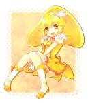  :d azuki_(merry) bike_shorts blonde_hair boots bowtie brooch choker cure_peace dress highres jewelry kise_yayoi long_hair magical_girl open_mouth precure shorts_under_skirt skirt smile smile_precure! solo v_arms wrist_cuffs yellow yellow_background yellow_dress yellow_eyes 