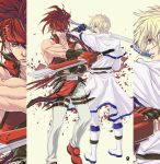  2boys belt blonde_hair blue_eyes brown_hair fingerless_gloves fundoshi_(tofupoid) gloves guilty_gear headband inset ky_kiske multiple_boys red_eyes sol_badguy sword tabard weapon 