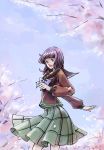  bishoujo_senshi_sailor_moon cherry_blossoms imirpz long_sleeves purple_hair school_uniform short_hair skirt sky smile solo tomoe_hotaru 