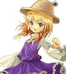  :&gt; arm_up blonde_hair bust fang frills hair_ribbon hat high_collar long_sleeves looking_at_viewer moriya_suwako okemai open_mouth purple_eyes ribbon short_hair simple_background skirt solo star touhou twintails vest violet_eyes white_background wide_sleeves 