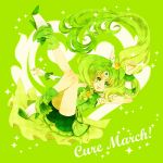  armpits arms_up bike_shorts bowtie brooch character_name choker cure_march dress fingernails green green_background green_dress green_eyes green_hair jewelry leg_up long_hair magical_girl midorikawa_nao ponytail precure roseria shoes shorts_under_skirt skirt smile smile_precure! solo tri_tails wrist_cuffs 
