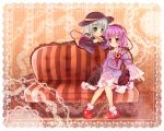  4girls :3 :o amagumo bird blouse bobby_socks border bow cat couch eyeball green_eyes hair_bow hands_together hat hat_ribbon headband heart kaenbyou_rin kaenbyou_rin_(cat) komeiji_koishi komeiji_satori lace long_sleeves looking_at_another looking_away multiple_girls pink_eyes pink_hair pink_legwear reiuji_utsuho reiuji_utsuho_(bird) ribbon short_hair skirt slippers smile socks sparkle striped striped_background third_eye touhou white_hair wide_sleeves 