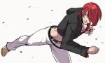  1boy kicking king_of_fighters koori_(haraiso) male red_eyes red_hair redhead simple_background snk solo white_background yagami_iori 