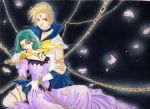  absurdres aotnky aqua_hair bare_shoulders bishoujo_senshi_sailor_moon black_background blonde_hair chain chains choker color_ink_(medium) cross dress elbow_gloves floating_hair gloves heterochromia highres jewelry kaiou_michiru kneeling knife lips lying multiple_girls necklace petals purple_dress sailor_collar sailor_uranus short_hair sword ten&#039;ou_haruka ten'ou_haruka touching traditional_media weapon 