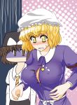  blonde_hair breast_envy breasts brown_eyes brown_hair bursting_breasts buttons dress_shirt gloom_(expression) hat large_breasts maribel_hearn masami_t multiple_girls necktie polka_dot polka_dot_background popped_button shirt short_hair touhou turn_pale usami_renko yellow_eyes 