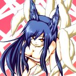  ahri animal_ears bare_shoulders bent_over black_hair breasts cleavage facial_mark fox_ears fox_tail kazudon398 league_of_legends leaning_forward long_hair multiple_tails smile solo tail yellow_eyes 
