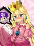  age_regression bare_shoulders blonde_hair blue_eyes blush crown crying crying_with_eyes_open dress dress_lift earrings flat_chest gloves heart jewelry magister_(bigbakunyuu) mushroom poison_mushroom princess_peach single_glove solo super_mario_bros. tears white_gloves young 