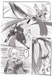  battle bonnet candeloro comic die_(artist) drill_hair fiery_hair horse mahou_shoujo_madoka_magica monochrome multiple_girls ophelia_(madoka_magica) personification polearm ponytail ribbon sakura_kyouko spear spoilers tomoe_mami translated translation_request twin_drills weapon 