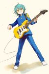  1boy aqua_hair electric_guitar gakuran grin guitar holding inazuma_eleven inazuma_eleven_(series) inazuma_eleven_go instrument kariya_masaki nodobotokemax plectrum school_uniform smile solo yellow_eyes 