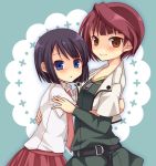  akado_harue blue_eyes blush brown_eyes hug koromu multiple_girls necktie sagimori_arata saki saki_achiga-hen school_uniform short_hair 