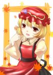  aki_minoriko arm_behind_back blonde_hair border dress food food_themed_clothes fruit grapes hand_on_own_shoulder hand_on_shoulder hat leaf long_sleeves looking_at_viewer maple_leaf open_mouth puffy_sleeves red_dress red_eyes royaleden short_hair simple_background solo touhou white_background 